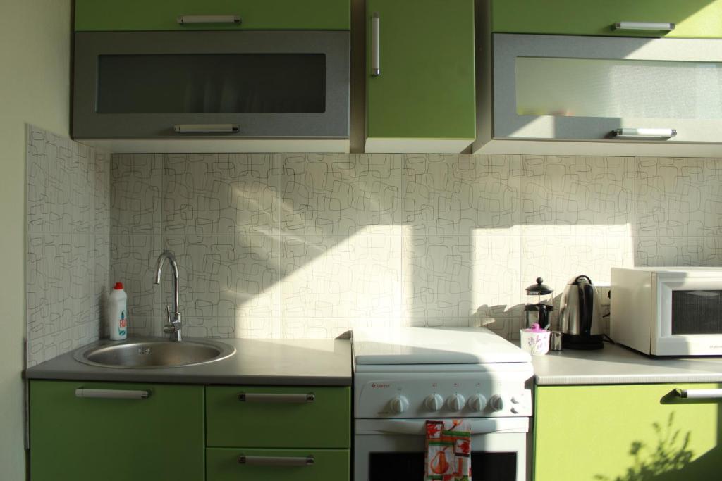 纳尔瓦Happy Day的厨房配有绿色橱柜、水槽和微波炉