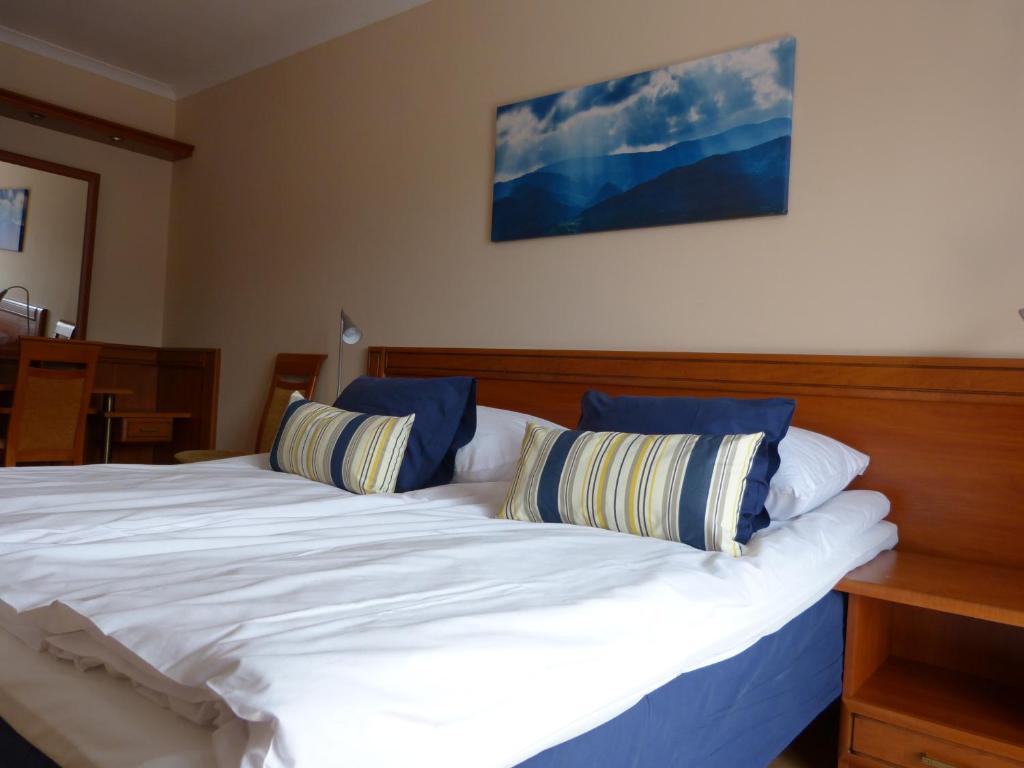 克雷尼察Apartament Grażyna的卧室配有带蓝色枕头的大型白色床