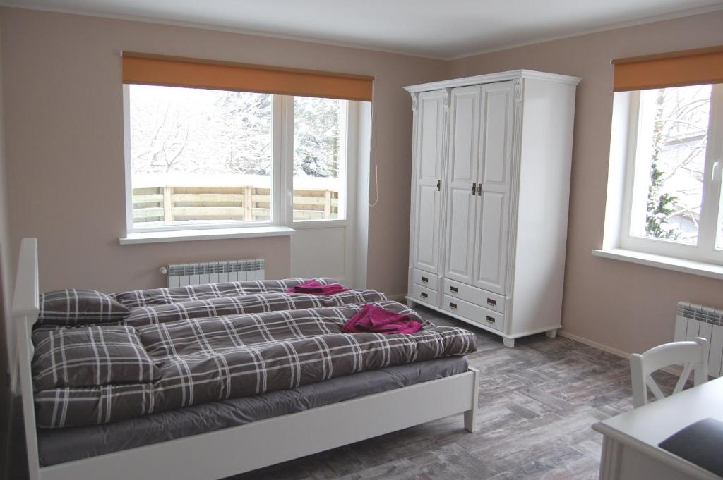 塔林Kaunis Guesthouse的一间卧室配有一张床、一个橱柜和两个窗户