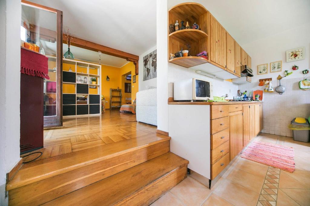 伊佐拉Apartments Baredi的铺有木地板的厨房和台面