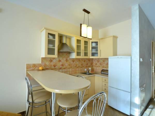 厄尔科Apartamenty i Pokoje "U BARBARY"的厨房配有桌椅和冰箱。