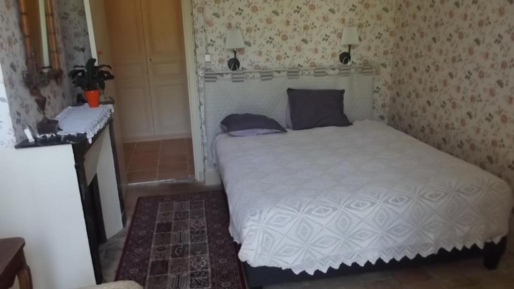 图尔农－圣马丹Gite rural DUNAND的一间小卧室,配有白色的床和壁炉