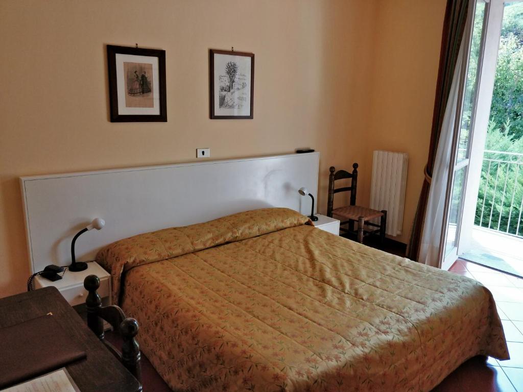 巴罗洛Hotel Barolo Classico的一间卧室设有一张床和一个大窗户