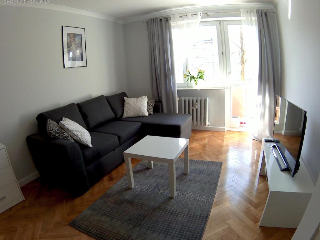 琴斯托霍瓦Apartament Jasny的客厅配有黑色沙发和桌子