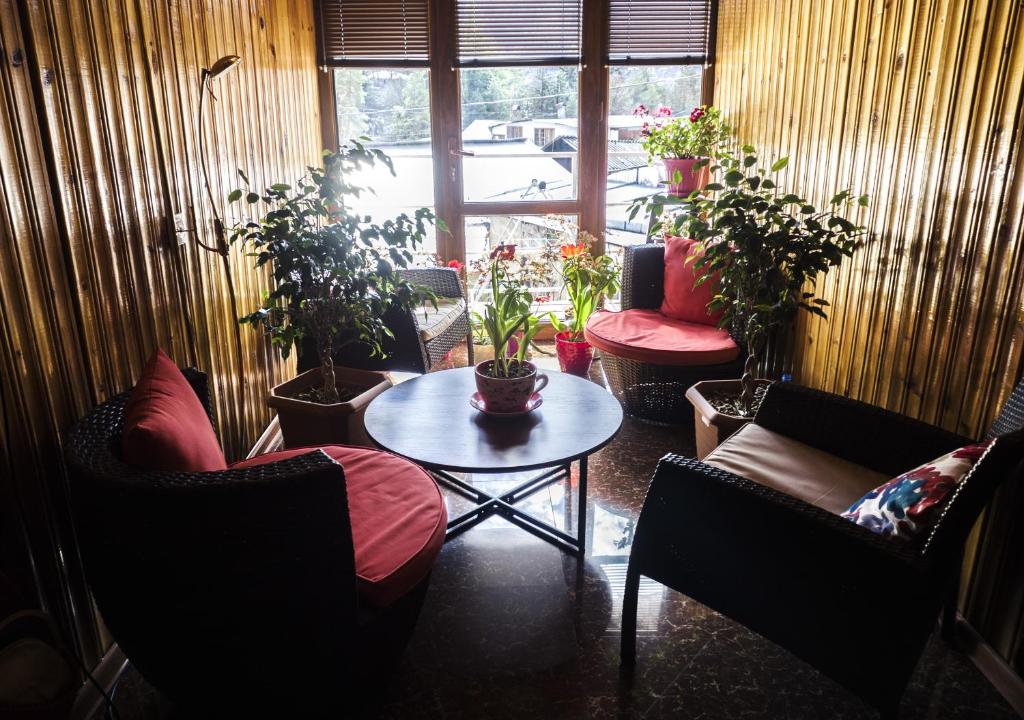 博尔若米House in Borjomi的一间设有椅子、桌子和盆栽植物的房间