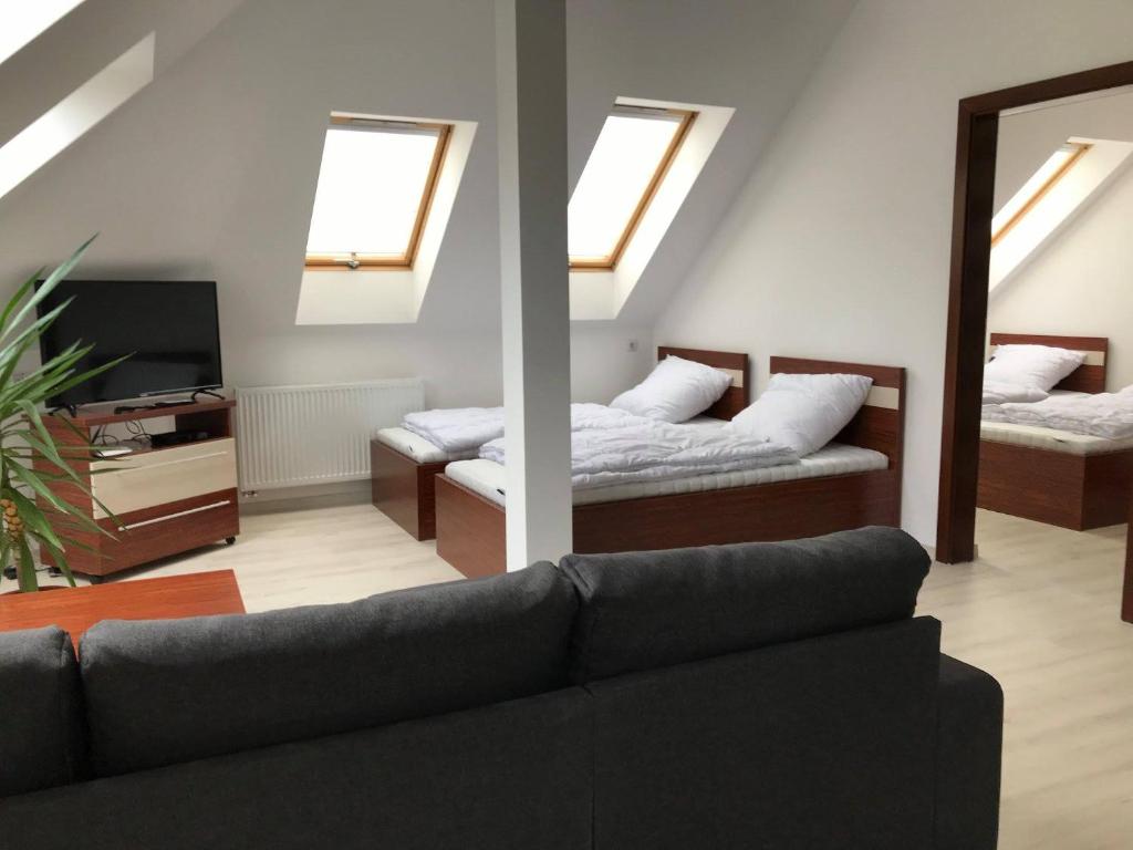 包姚Kálvária Apartman的一间带两张床和一张沙发的客厅