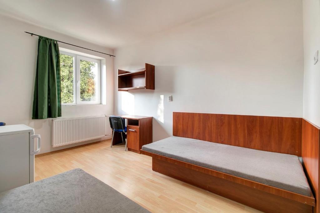布达佩斯Óbudai Diákszálló的一间卧室配有一张床、一张书桌和一个窗户。