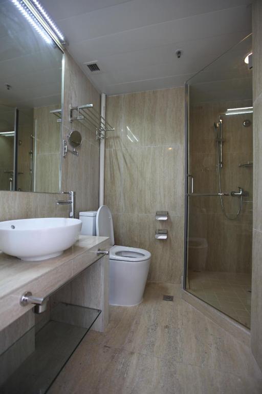 香港IW酒店的一间带水槽、淋浴和卫生间的浴室