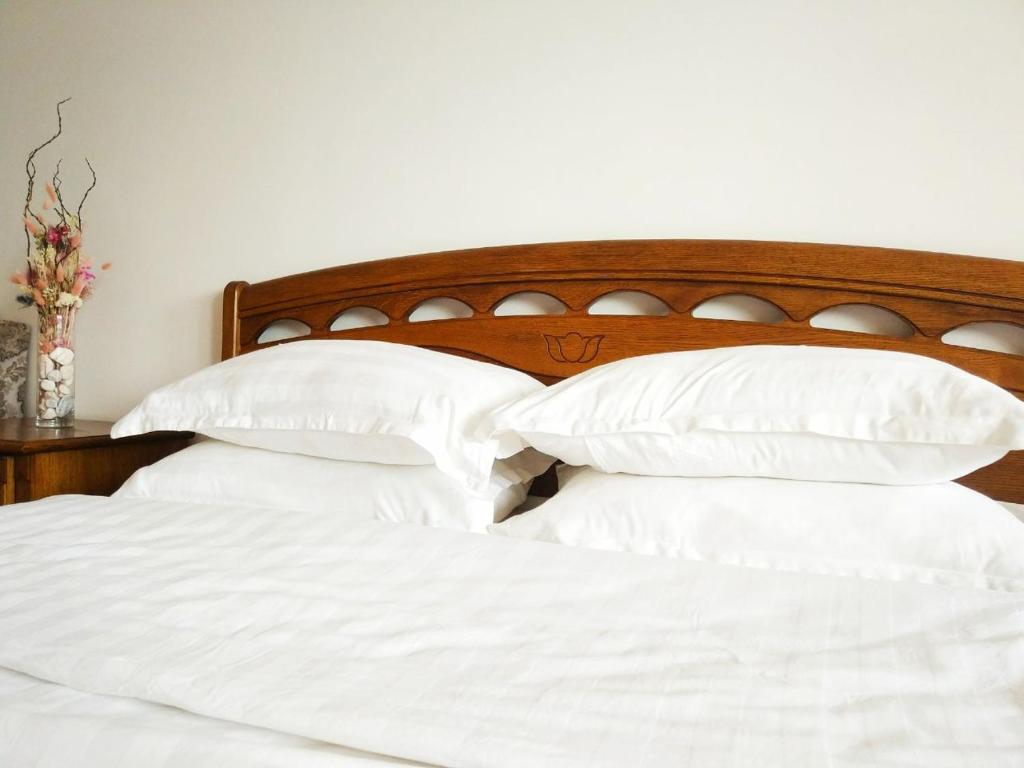 阿拉木图Loftik Apartments Abay street的一张带白色枕头和木制床头板的床