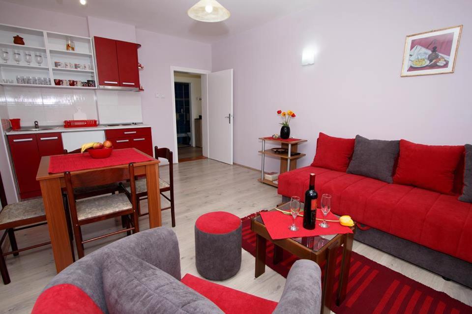 索科矿泉村Apartman "Nina"的一间带红色沙发的客厅和一间厨房