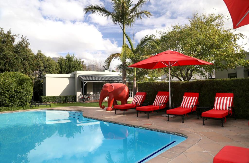 弗朗斯胡克Avondrood Guest House by The Oyster Collection的游泳池设有椅子、大象雕像和遮阳伞