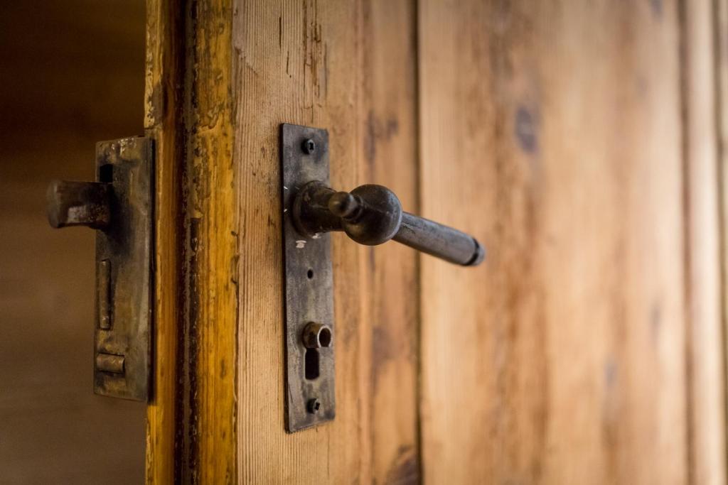 基亚文纳Rifugio Uschione的金属门扣的开放式木门