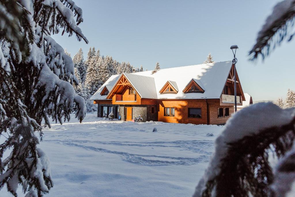 斯祖贝莱克Villa Silvia的雪地里的小木屋,有雪覆盖的树木