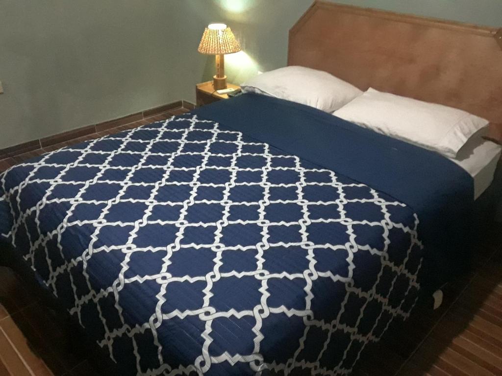 海地角Pablo Guess House的一张蓝色和白色的床,位于带灯的房间