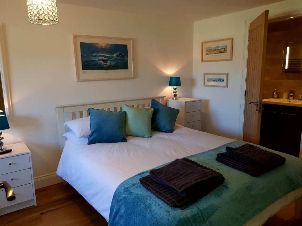 圣艾夫斯Primrose House的一间卧室配有白色床和蓝色枕头