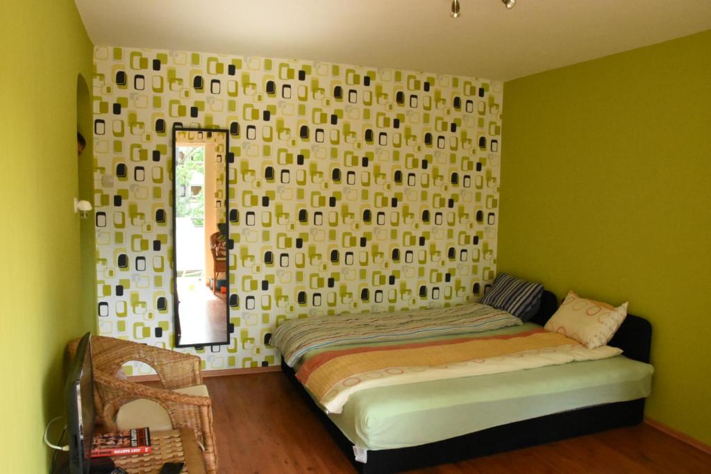 鲍洛通费尼韦什Lovely apartment at Balatonfenyves的一间卧室配有一张床和一面镜子的墙壁