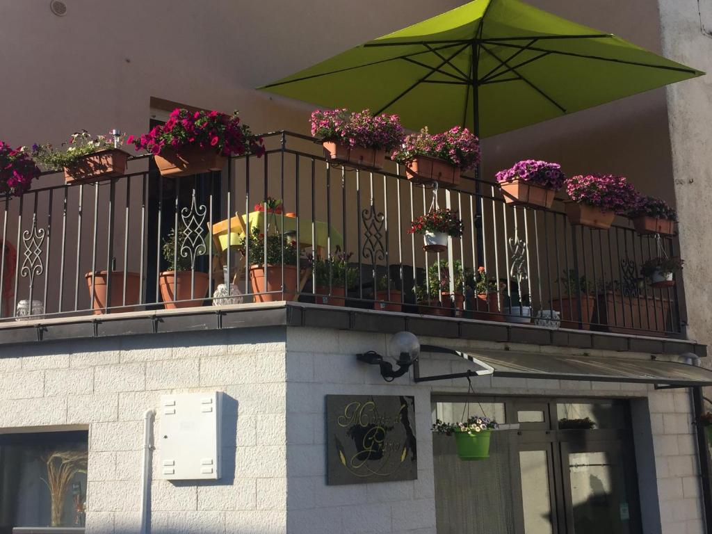 蒙特齐尔佛奈花之家酒店的阳台种有盆栽植物和绿伞