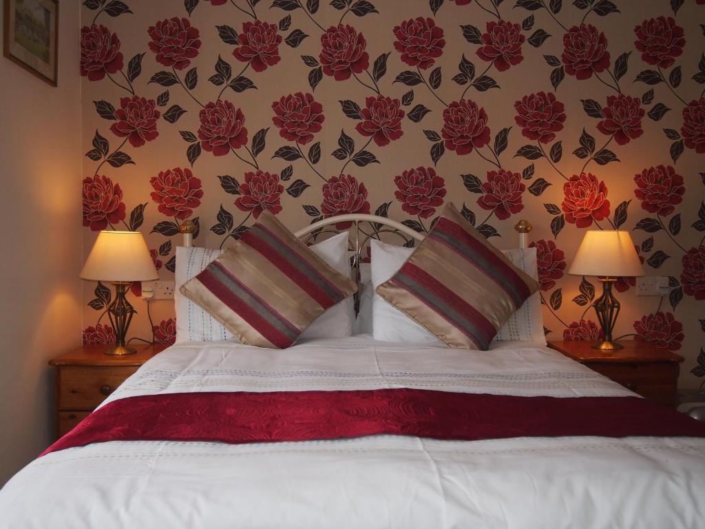 贝图瑟科伊德Bodhyfryd Guesthouse的卧室配有一张挂着红色鲜花的床。