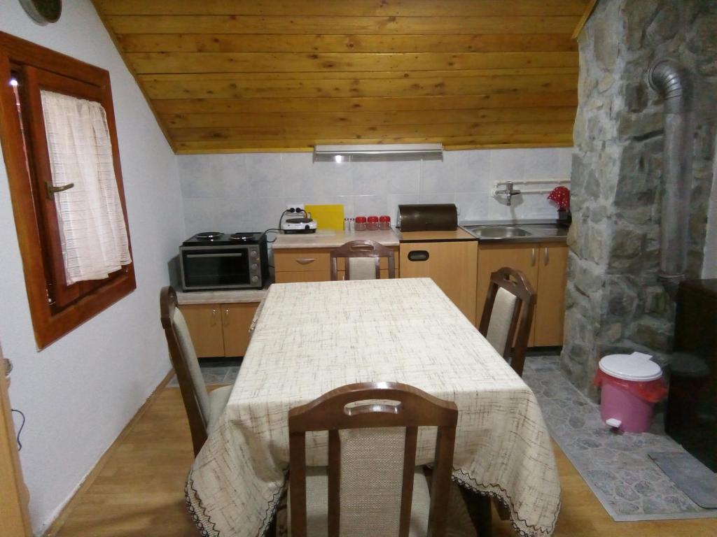 索科矿泉村Apartman Mika的厨房配有桌椅和炉灶。