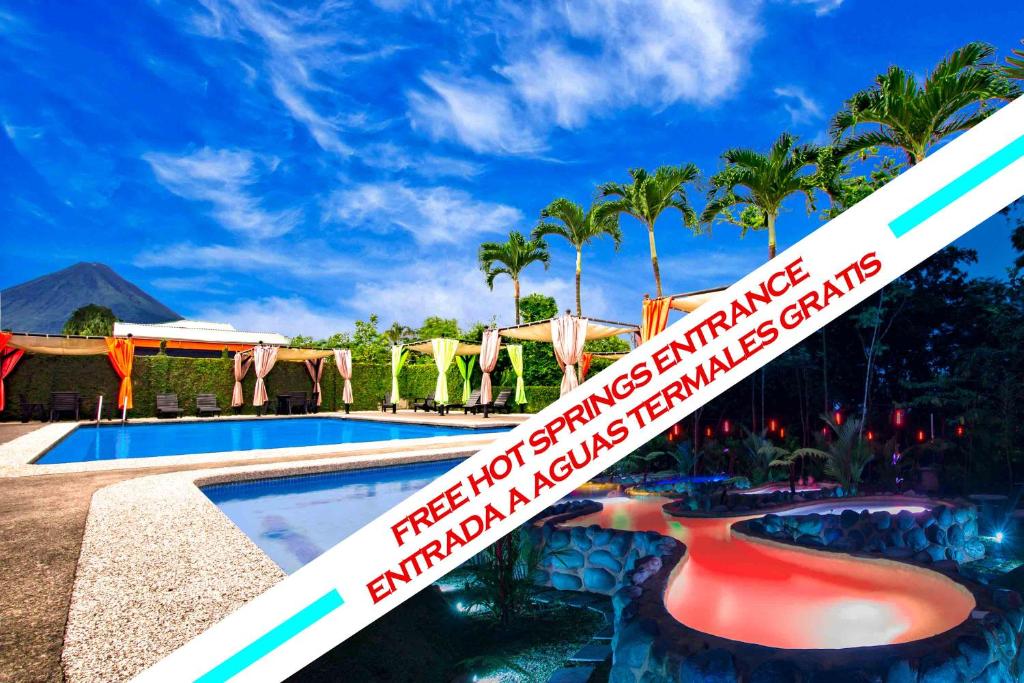 福尔图纳San Bosco Inn的度假村的游泳池,上面有没有指示牌,可免费不喷出游泳