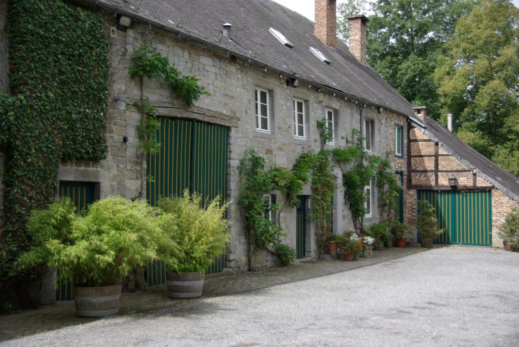 Resteigne雷斯特格莫林住宿加早餐旅馆的一座古老的石头建筑,拥有绿色的门和植物