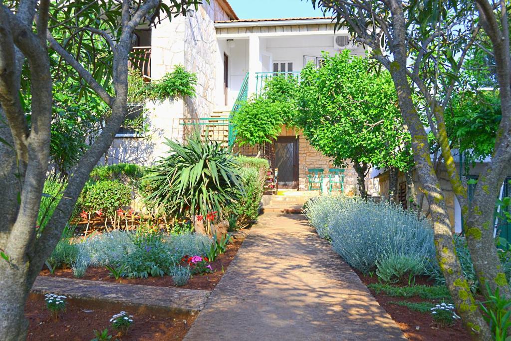 弗班吉Apartments Basina的一座种植了蓝色花卉和树木的花园以及一座建筑