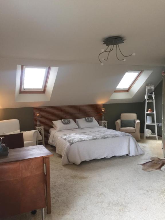 埃曼B&B De Koraal的一间卧室设有一张大床和天窗。