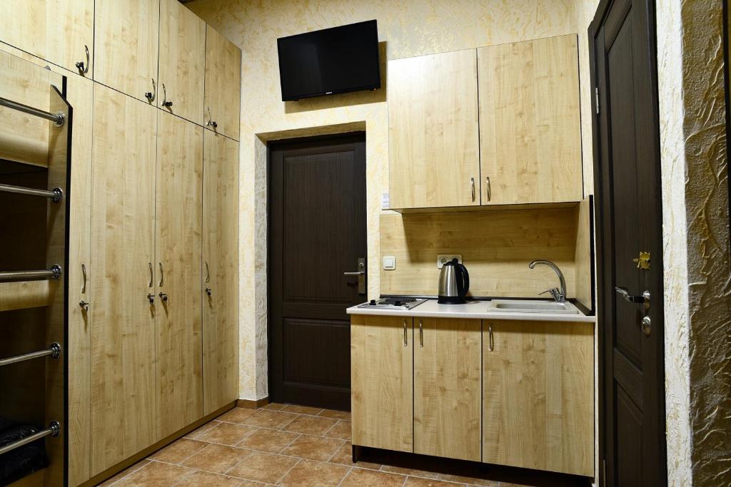 敖德萨Logovo Hostel的厨房配有木制橱柜、水槽和门