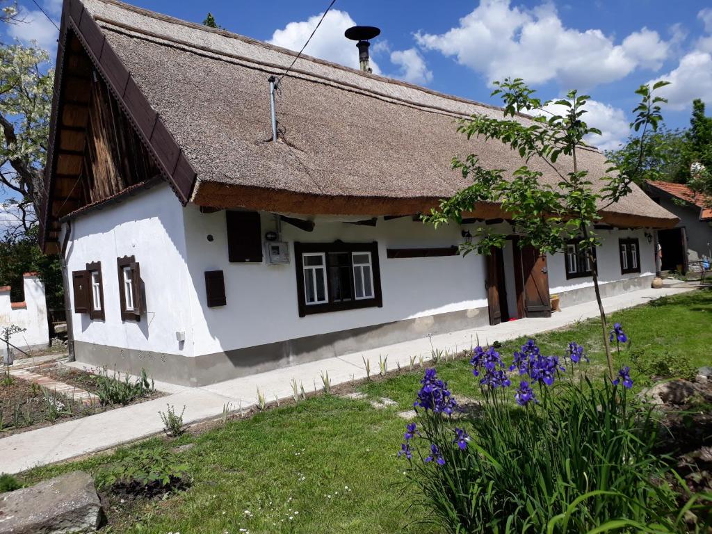 EgerszólátForrás的白色小屋,拥有茅草屋顶和紫色的鲜花