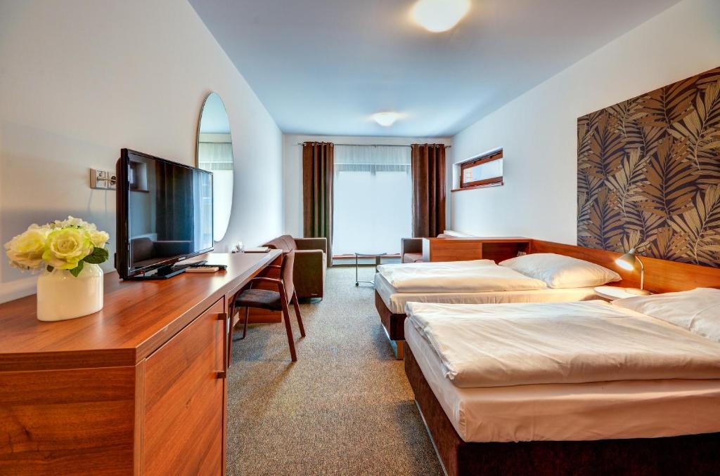 奥帕瓦伊比利亚酒店的酒店客房设有三张床和电视。