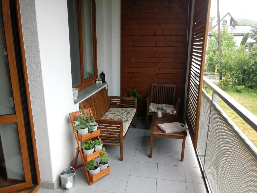 兹维日涅茨apartament Fanaberia的阳台,配有长凳和一些植物