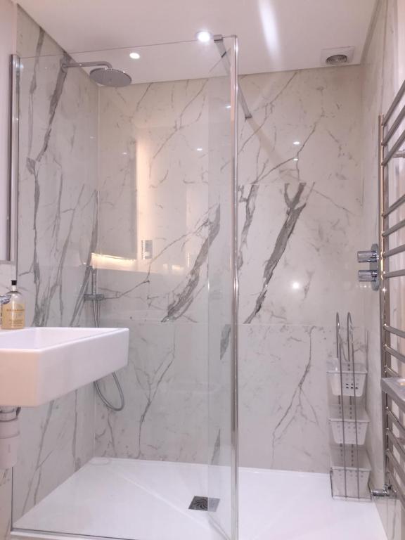 伦敦Lexham Gardens Lodge 5的一间带玻璃淋浴和水槽的浴室