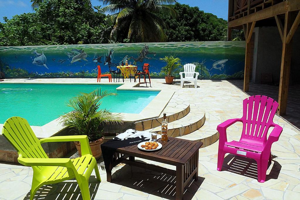 圣安娜Residence fruit de la passion F4的一组椅子和一张桌子,旁边是游泳池