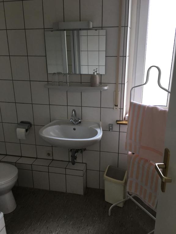 巴特亨宁根费尔旺切祖尔阿尔滕宾馆的一间带水槽、卫生间和镜子的浴室