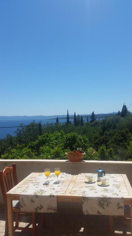 萨瓦拉Holiday Home Rubinić的一张木桌,上面放着两杯橙汁