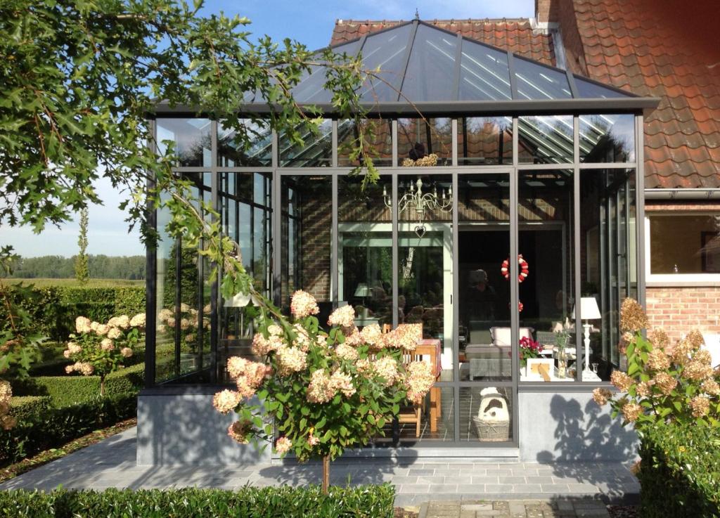 ZeleDe Moeraseik的享有带鲜花的玻璃房子的内部景色