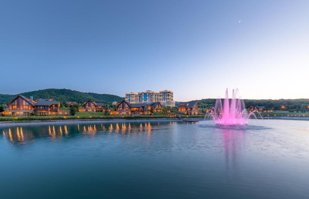 库巴Quba Palace Hotel & Golf Resort的湖中的一个粉红色喷泉