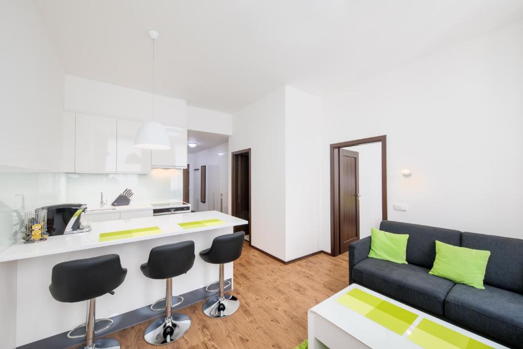 布拉格Apartment near city centre with parking place的带沙发的客厅和厨房