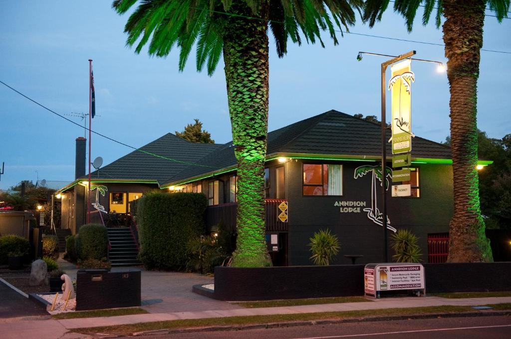 旺格努伊Anndion Lodge Motel & Conference Centre的两棵棕榈树在房子前面