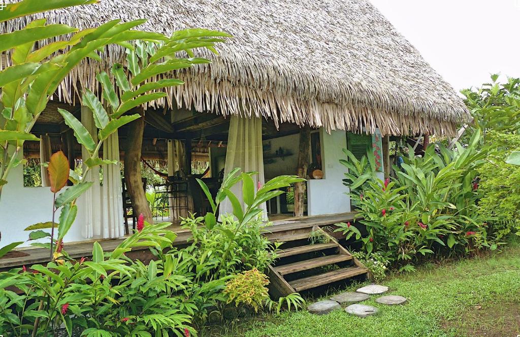 乌图罗阿Island Home的一间小小屋,有草屋顶和楼梯