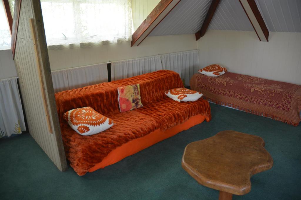 Pihaena法尔马伊塔山林小屋的客房设有带枕头的沙发。