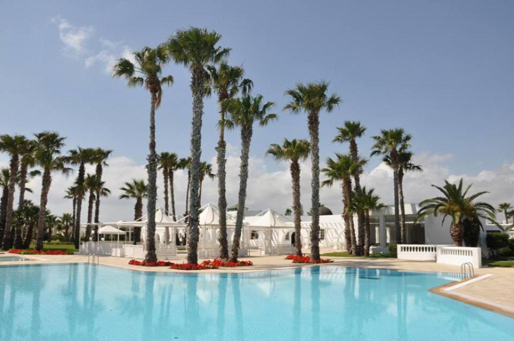 比塞大艾因马里亚姆公寓的一座别墅前方的棕榈树游泳池