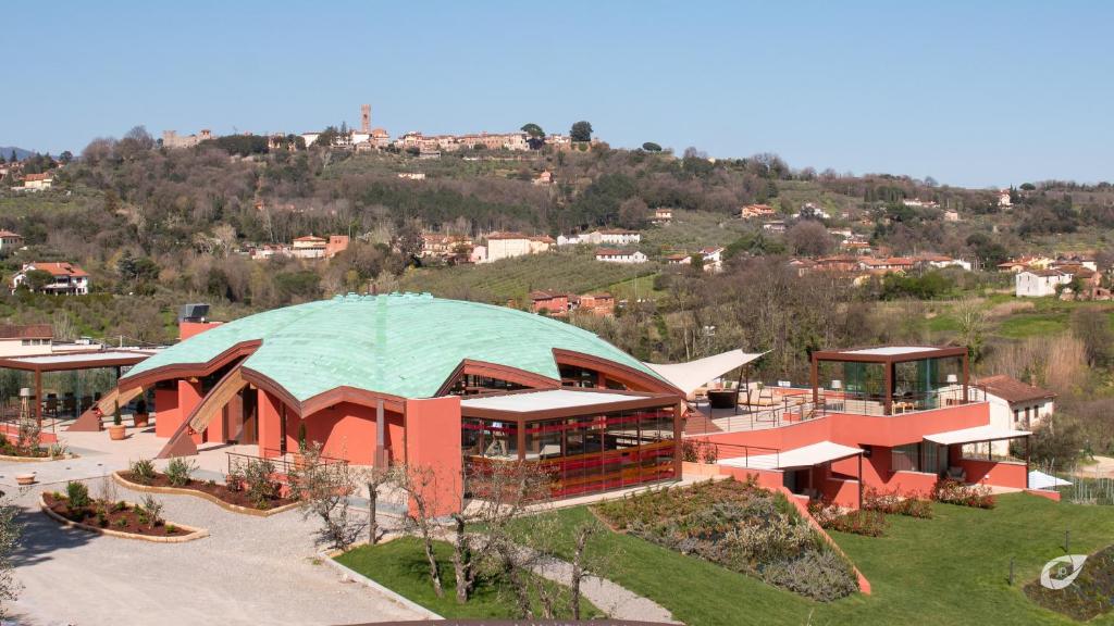 蒙特卡洛Buonamico Wine Resort的享有带绿色圆顶的建筑的顶部景色