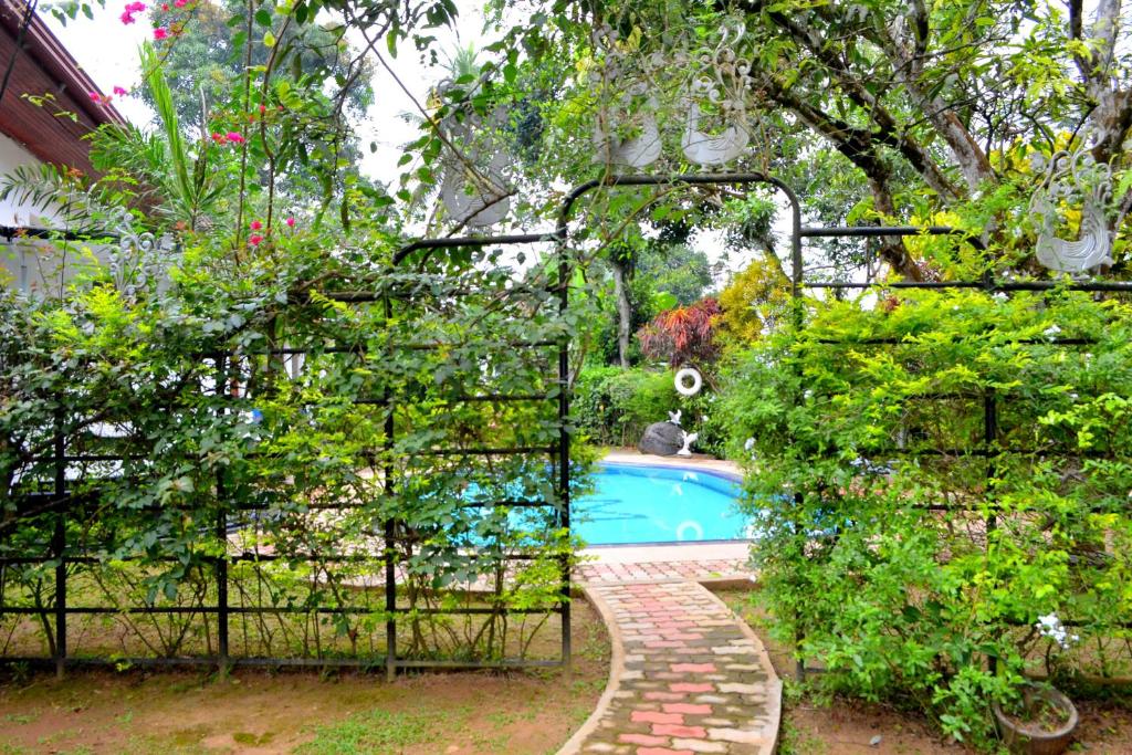 加姆波勒萨玛尤雅娜度假简易别墅的花园中的一个游泳池,花园内种有门和植物