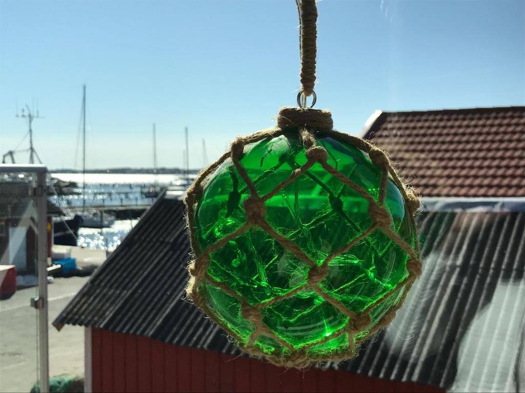 BjörköBjörkö SeaLodge的挂在建筑物上的绿色玻璃球