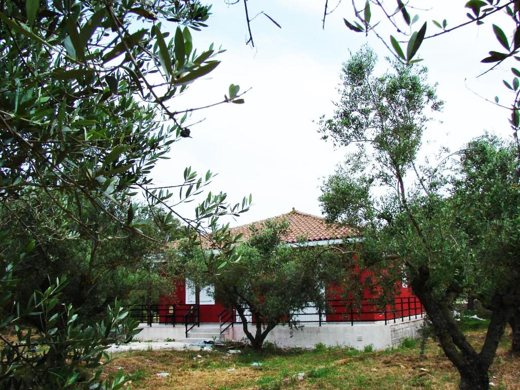 AmbelókipoiZante Green View的一座红白色房子,前面有树木