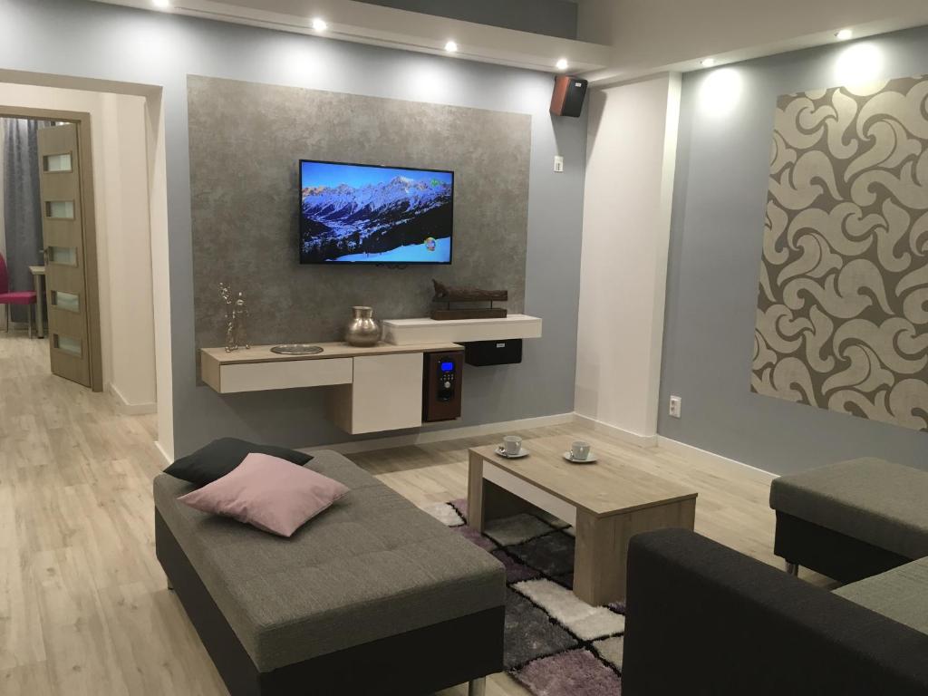 塞格德Gutenberg Apartments的客厅配有沙发和墙上的电视