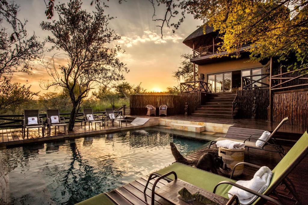 巴卢莱自然保护区Naledi Lodges的一个带椅子的游泳池和一个背景房子