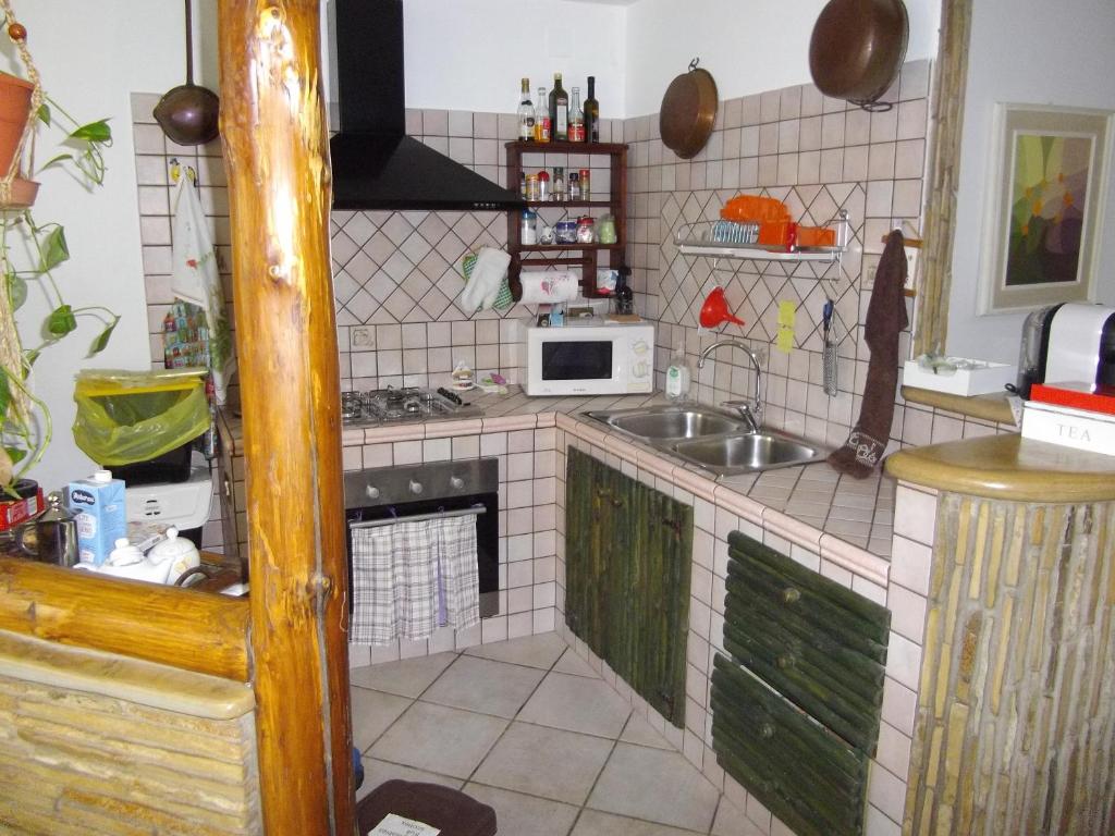 伊格莱西亚斯Casa S'Arriali的一间带水槽和微波炉的小厨房