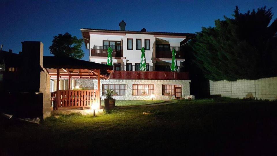 阿斯帕鲁霍沃Holiday Home Paulovnia的夜晚有绿灯的房屋
